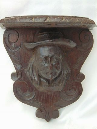 Antique Black Forest / French Hand Carved Wood Bracket Shelf Breton Male Bust