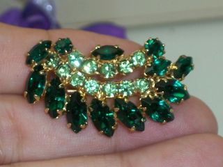 Vintage Dark Emerald Green Marquise Rhinestone Leaf Style Small Brooch 1 5/8 "