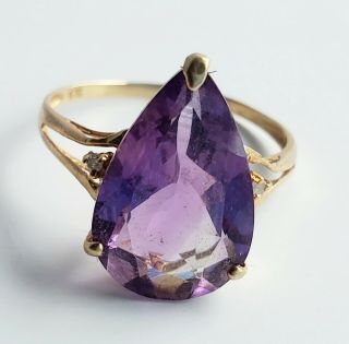 Estate 10k Yellow Gold 6.  28 Ct Pear Cut Amethyst & Diamond Solitaire Ring Size 7
