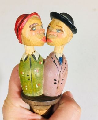 Vintage Wine Cork Stopper Hand Carved & Painted Movable Kissing Couple - Folk Art