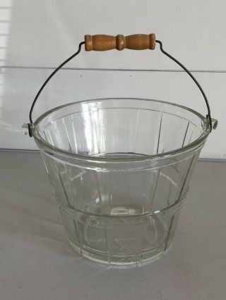 Vintage Anchor Hocking Glass Ice Bucket Pail With Wooden Handle 7.  5 " Tall