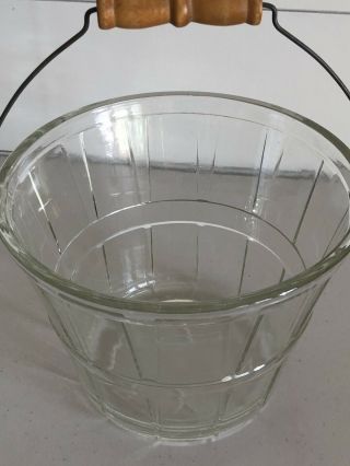 Vintage Anchor Hocking Glass Ice Bucket Pail with Wooden Handle 7.  5 