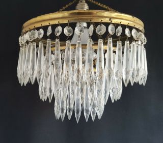 Vintage Brass & Crystal Glass Lustre Waterfall Chandelier Pendant Ceiling Light