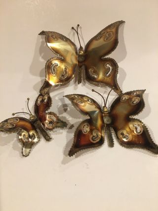 Vintage Torch Cut Brass Butterfly Sculpture Wall Hanging Set Of Three