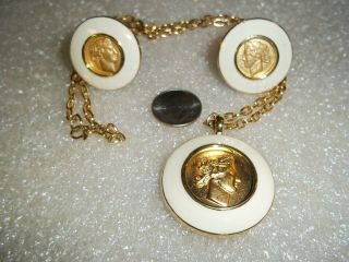 Vintage Monet Gold Tone And Enamel Roman Coin Pendant Necklace And Clip Earrings