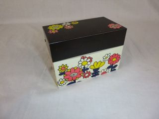 Vtg Mid Century Tin Litho Metal Recipe File Card Box Mod Daisies Flowers Filled