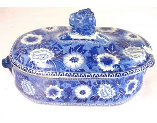 N980 C1820 Antique Rogers Blue & White Elephant Pattern Tureen & Cover Lion Mask