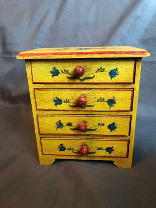 Vintage Wooden 4 Drawers Jewelry Box Yellow With Blue Floral Made In Italy Rd