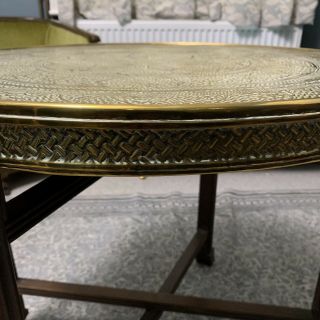 Vintage Indian Brass Tray Top Side Coffee Table with Folding Wood Base 3
