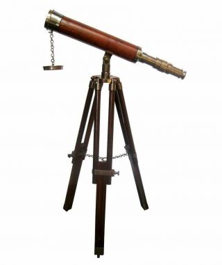 Brass Antique Collectible Floor Standing Wooden Nautical Telescope 14 " W/tripod