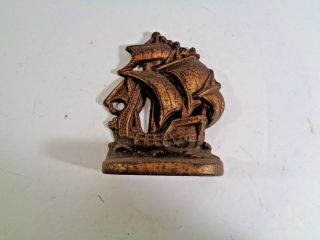 Vintage Antique Small Cast Iron Bookend Nautical Galleon Ship Boat Bronze Tint