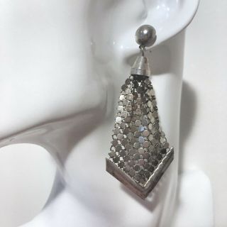 Vintage Whiting And Davis Style Earrings Metal Mesh Dangle Drop Silver Tone