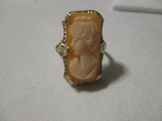 Antique Filigree 14k White Gold Carved Shell Cameo Ring - Sz 5 1/2 - 3.  2 Gr.