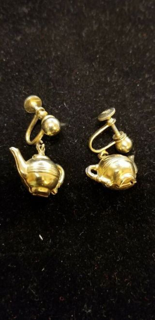 Signed Coro Vintage Screw Back Earrings Gold Tone Teapots