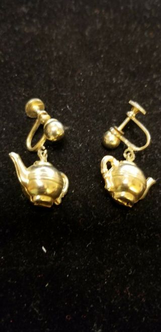 Signed CORO Vintage Screw Back Earrings Gold Tone Teapots 2