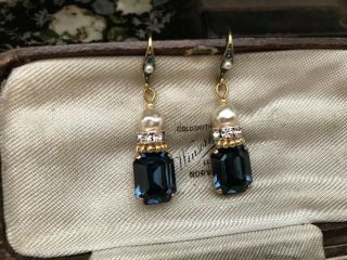 Vintage Montana Blue Emerald Cut Crystal Baroque Pearl Drop Earrings.  Haskell