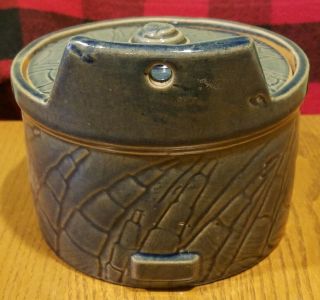 RARE Antique Blue McCoy Asparagus Stoneware Salt Crock Yellow Ware Pottery 3