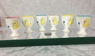Set Of 6 Vintage Pastel Footed Easter Egg Cups With Hand Painted Chicks