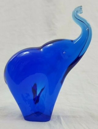 Vintage Colbalt Blue Glass Elephant Figurine/paper Weight Trunk Up