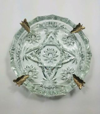 Vintage Crystal Glass Ashtray With Gold Metal Leaf Holders 8 " Across