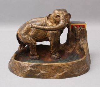 Antique Signed Fitz Austrian Bronze Elephant Match Holder Sculpture Nr