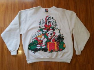 Vintage Walt Disney Mickey Mouse Donald Goofy Christmas Sweater White Size Xl