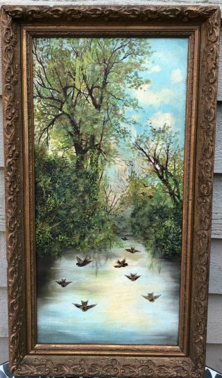 Swallows Birds Flying Folk Art Antique Late 19th Century Oil Painting On Canvas