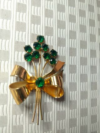 Sterling Coro Craft Vintage Brooch Golden Christmas Bow With Green Stones