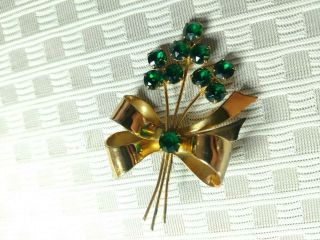 Sterling Coro Craft Vintage Brooch Golden Christmas Bow With Green Stones 2