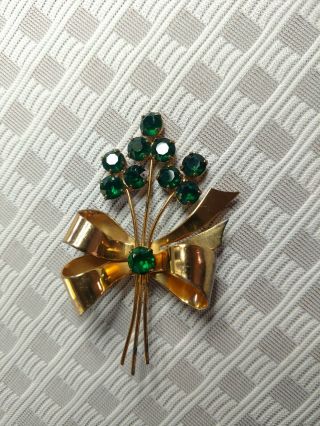 Sterling Coro Craft Vintage Brooch Golden Christmas Bow With Green Stones 3