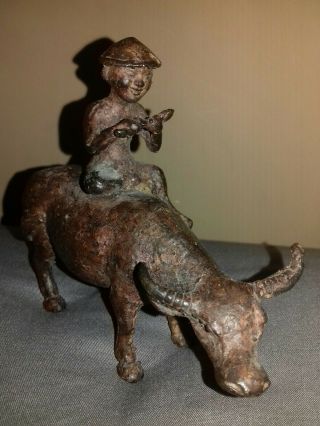 Vintage Antique Chinese Hand Carved Metal Boy Riding Bull Statue Figure Ornament