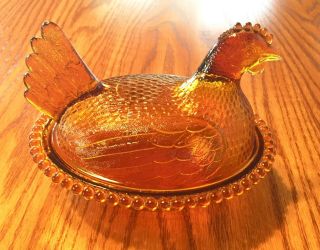 Vintage Amber Indiana Glass Hen On Nest Covered Candy Dish Beaded Edge Chicken