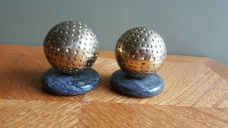 Vintage Set Of Two Brass & Marble Golf Ball Desk Paper Weight Green Marble Base