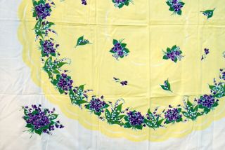 Vintage Linen Tablecloth Floral Print Yellow Purple Flowers Green Square 53x49