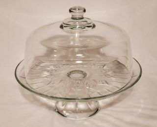 Vintage Clear Cut Glass Pedestal Cake Stand With Dome Cover - Heavy Thick Glass