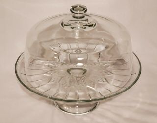 Vintage Clear Cut Glass Pedestal Cake Stand With Dome Cover - Heavy Thick Glass 2