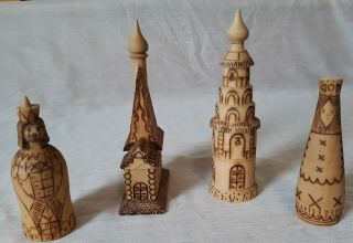 4 Vtg Russian Hand Carved Burned Wood Folk Art Cathedral/church/figures Cybehnp