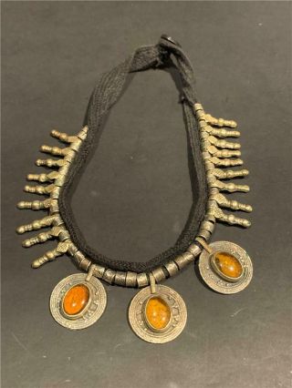 Vintage North African Berber Silver And Amber Necklace