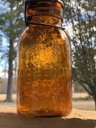 Antique Fruit Jar: Trademark Lightning Crude Amber Quart W/ Lid Base 343