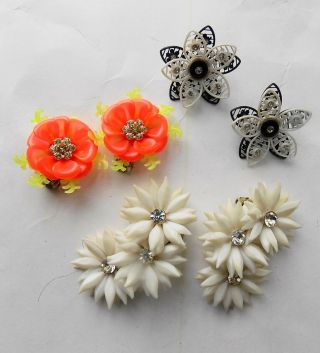 Three Pair Vintage Floral Plastic Earrings Clip Back Western Germany Rhinestones
