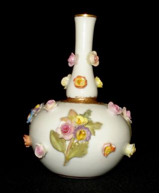 Antique Meissen Porcelain Miniature Bottle / Vase Encrusted With Flowers