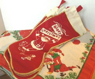 3 Vintage 1950s Red Felt Flannel Christmas Stockings - White 