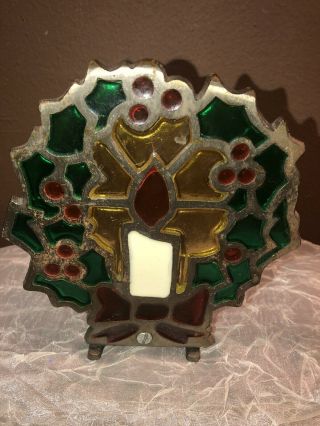 Vtg.  Stained Glass Christmas Candle Holder Wreath Candle Cast Iron Taiwan Votive