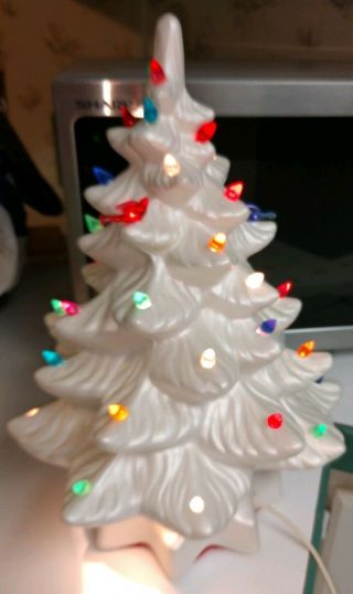 Vintage White Ceramic Multicolor Lighted Christmas Tree 14” Mother Of Pearl Bird