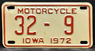 1972 Iowa Motorcycle License Plate Low Number 32 - 9,  Emmet County