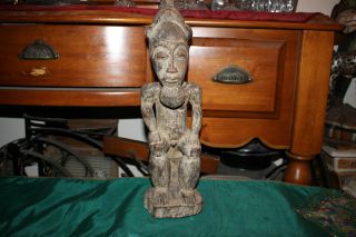 Antique African Ivory Coast Wood Carving Statue - Warrior Man Sitting On Stool