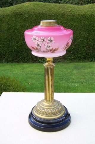Antique Pink To Cranberry Painted Glass Oil Lamp Font On Brass Column Base