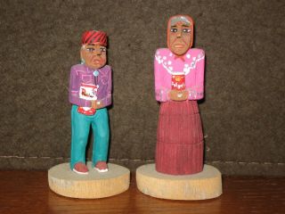 Vintage Carved Wood - Signed - Navajo Man And Woman Lady - Cachina Doll Couple