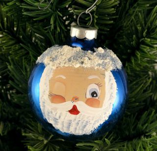 Vintage Winking Santa Face Hand Painted Blue Glass Christmas Ornament