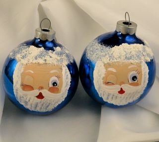 Vintage Winking Santa Face Hand Painted Blue Glass Christmas Ornament 2